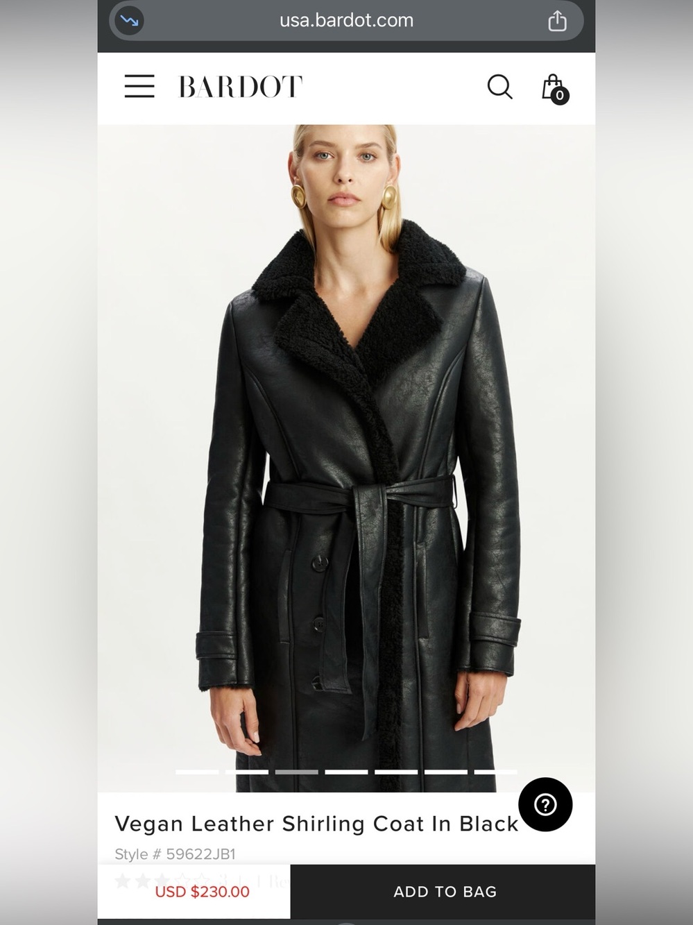 Bardot Black Vegan Leather Shirling Coat with Belt